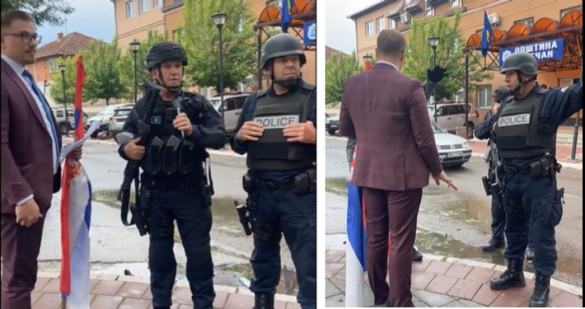 Politikani i ri serb ua lexon ligjin policëve në veri me flamurin serb në dorë: Ata e largojnë nga objekti i komunës